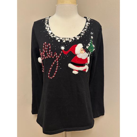 Berek Scoop Neck Beaded Sequin Embroidered Jolly Santa Christmas Sweater Sz Med - Picture 1 of 8